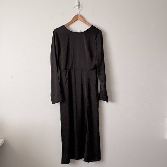 Aritzia Wilfred Evora Backless Long Sleeve Satin Dress Slit Black Size 6 - Picture 6 of 9